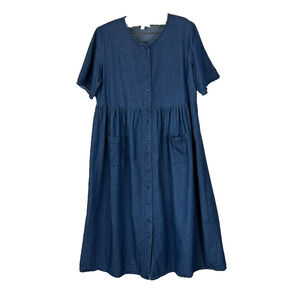 WomanWithin Denim Dress Size Plus 14W Blue Dark Cotton Pockets Short Sleeve Midi